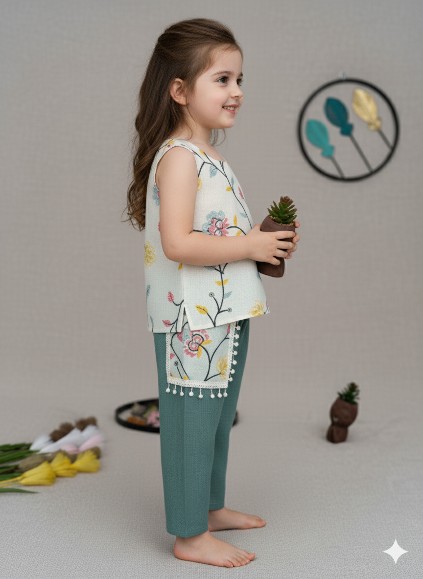 “Girls Embroidary work Top & Green Palazzo Set – Stylish Kids Wear”