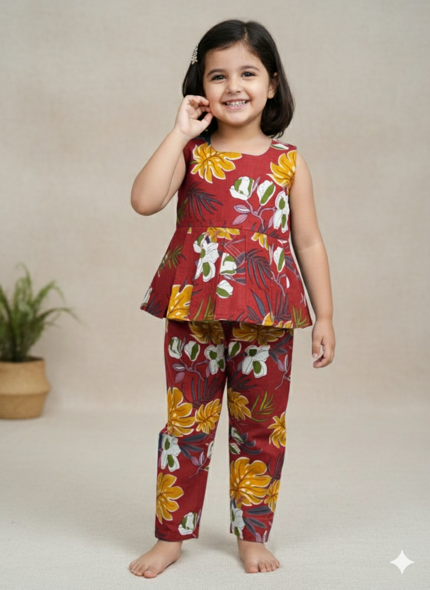 Girls’ Floral Printed Peplum Top with Pant Set