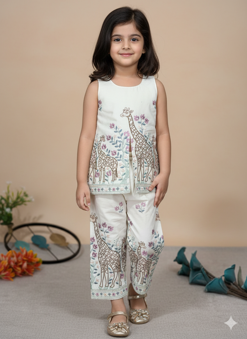 Safari Giraffe Embroidered work Kids Cotton Co-Ord Set