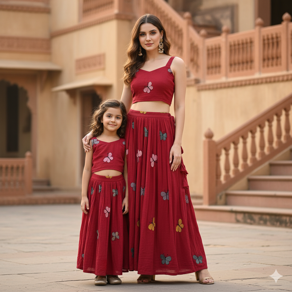 Stylish Butterfly Embroidered Kids Outfit – Red