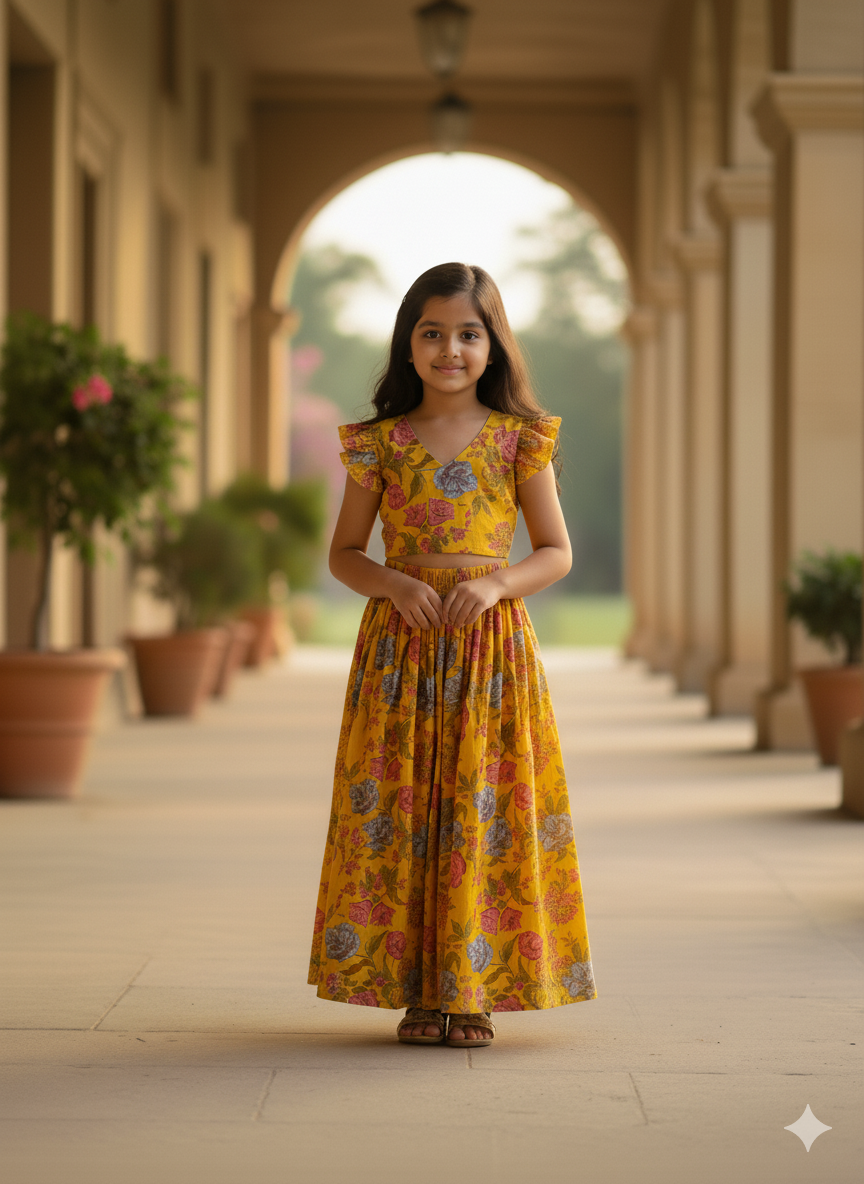 Girls Floral Yellow Crop Top & Skirt Set