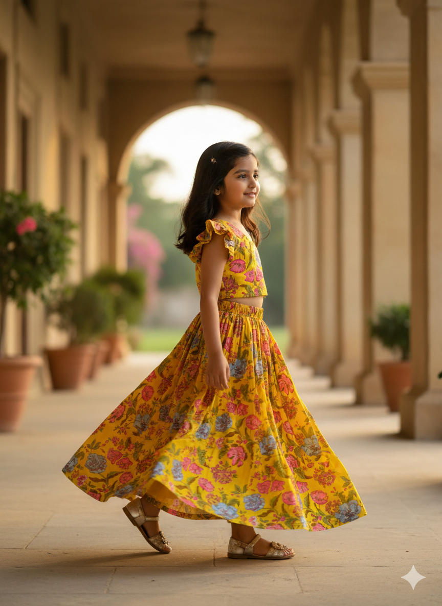 Girls Floral Yellow Crop Top & Skirt Set